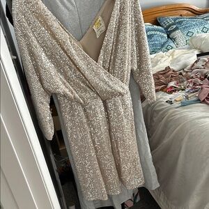 Sequin V-Neck Dress - Silver